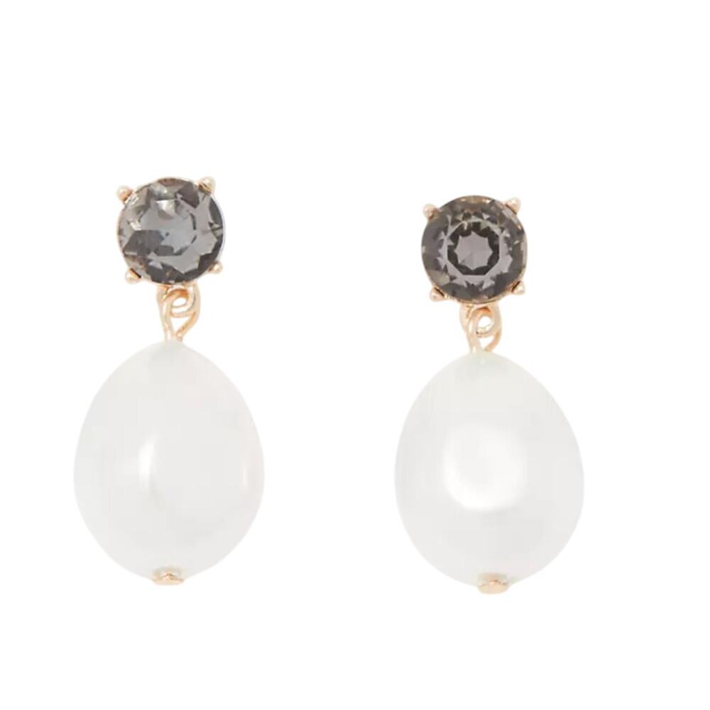NWT LOFT Pearl & Charcoal Grey Rhinestone Gold 1 1/4" Drop Earrings